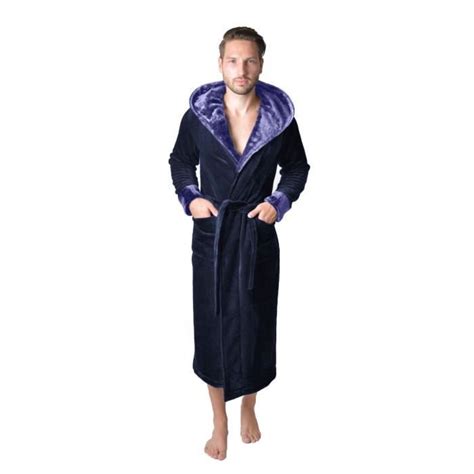 Robe de chambre longue à capuche en velours RAIKOU Homewear Bleu nuit