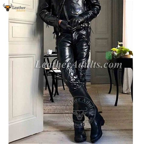 Mens Black Real Cowhide Leather Quilted Slim Bluf Trousers Pants Bike Leather Adults