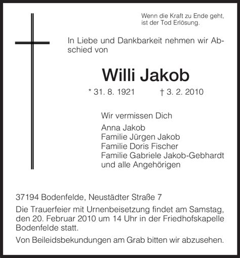 Traueranzeigen Von Willi Jakob Trauer HNA De