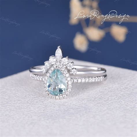 Pear Shaped Aquamarine Engagement Ring Set White Gold Vintage Diamond