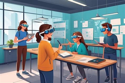 Ilustrar Una Escena Con Estudiantes Que Usan Gafas De Realidad