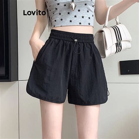 Lovito Women Casual Plain Drawstring Shorts LNA27148 Khaki Black