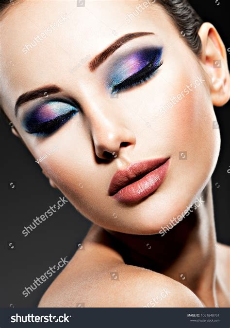 Beautiful Face Young Woman Blue Makeup Stock Photo 1051848761