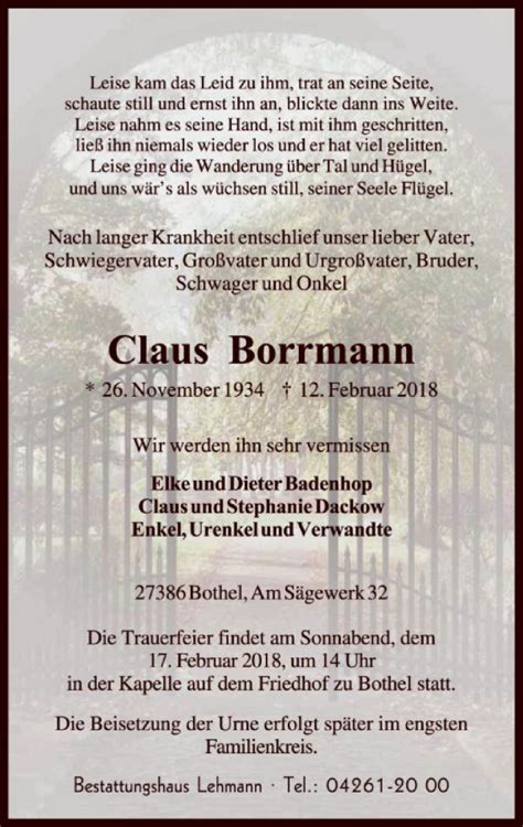 Traueranzeigen Von Claus Borrmann Trauer Kreiszeitung De