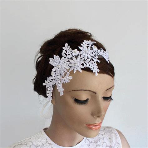 Venetian Lace Applique Bridal Headband Organza Ribbon Fascinator White Floral Weddings Head