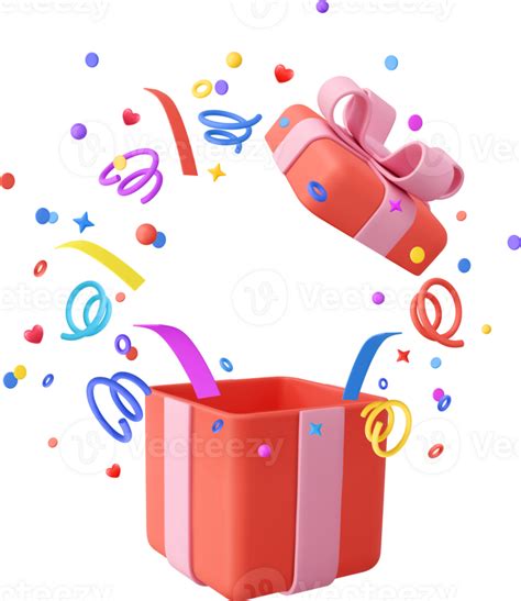 D Cute Surprise Gift Box With Falling Confetti Png