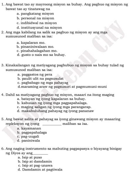 Solved 1 Ang Bawat Tao Ay Mayroong Misyon Sa Buhay Ang Pagbuo Ng