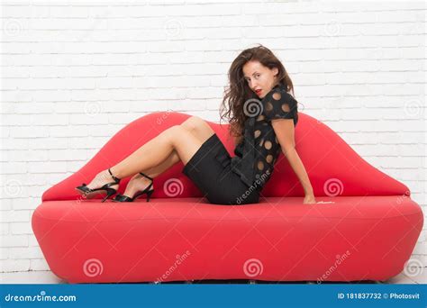 Sensual Female Girl At Red Lips Couch Love And Romance Happy Valentine Day Fashion And