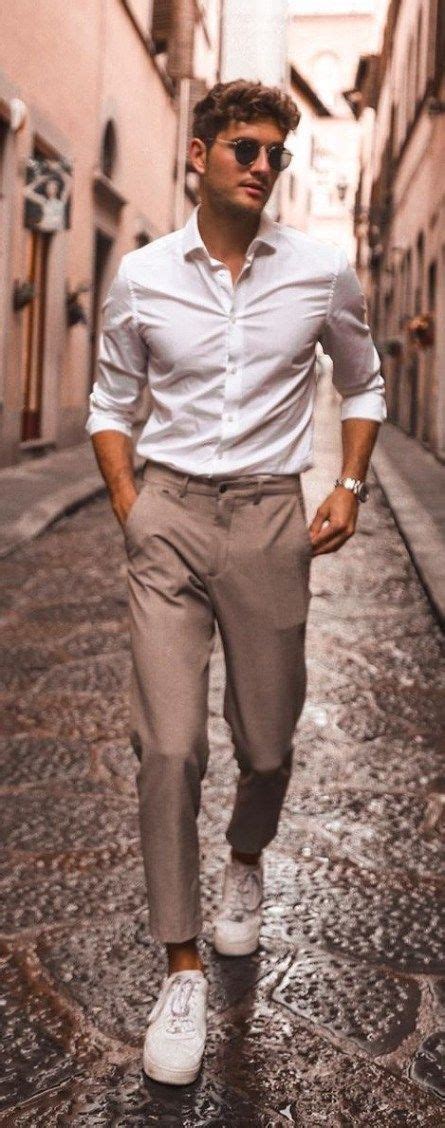 Classic White Shirt Khaki Stylish Men Casual Formal Men Outfit Mens