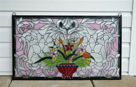 Handcrafted Jeweled Beveled Stained Glass Window Panel Flower L X