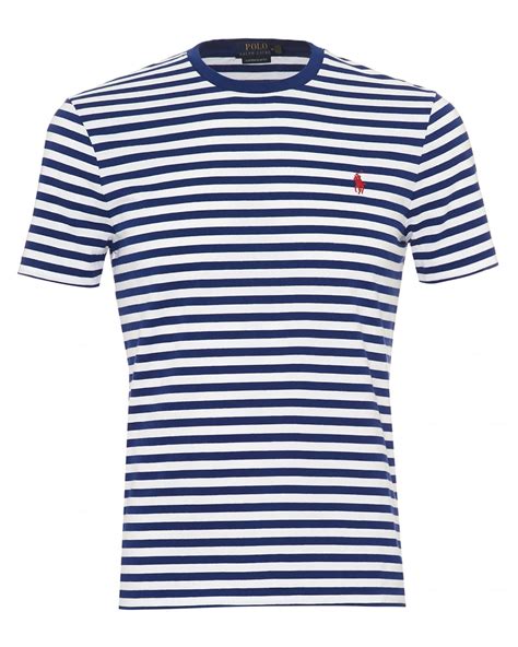 Ralph Lauren Mens Striped T Shirt Crew Neck Blue White Tee