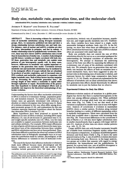 Body Size Metabolic Rate Generation Time And The Molecular Clock