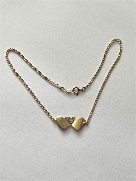 Vintage 14 K Gold Diamond Double Heart Anklet 9” - Gem