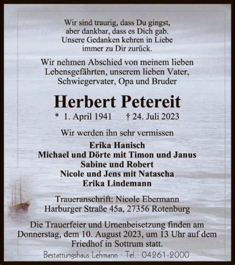 Traueranzeigen Von Herbert Petereit Trauer Kreiszeitung De