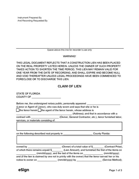 Free Florida Mechanic S Lien Form PDF Word