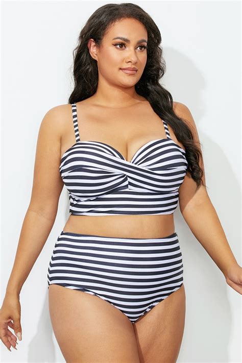 Striped Sweetheart Neckline Twist Bikini Set Seepalm