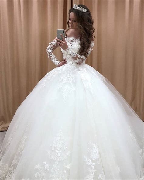 Lace Off The Shoulder Tulle Ball Gowns Wedding Dresses Long Sleeves