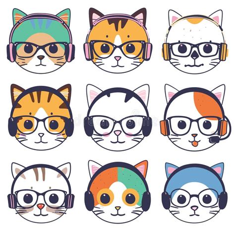 Nine Cute Cartoon Cats Wearing Colorful Headphones Glasses Cat Displays Unique Markings