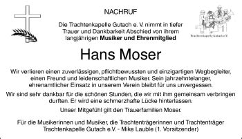 Traueranzeigen von Hans Moser Schwarzwälder Bote Trauer