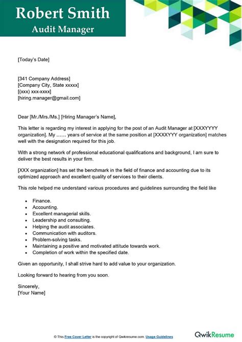 Audit Manager Cover Letter Examples Qwikresume