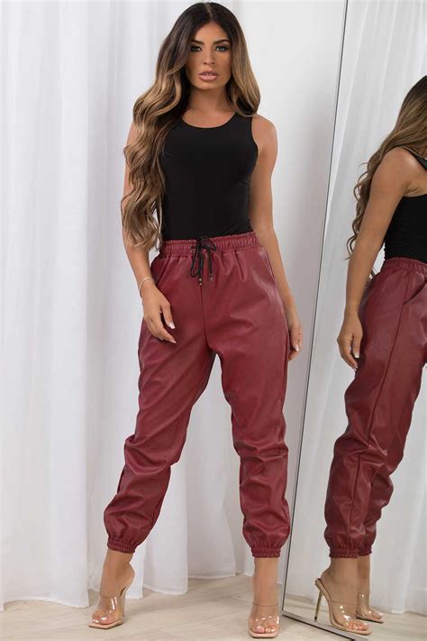 Womens Faux Leather Joggers With Drawstring Waist Wine Red Styledup