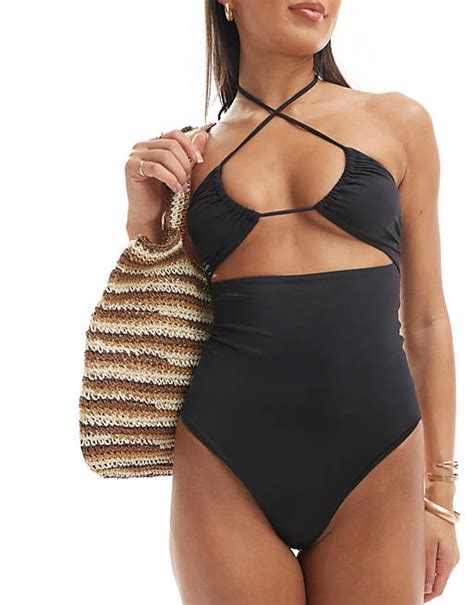 Asos Design Maya Ruched Keyhole Halter Swimsuit In Black Asos