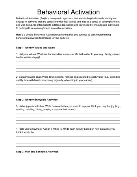 Behavioral Activation Worksheet Mental Health Worksheet Counseling