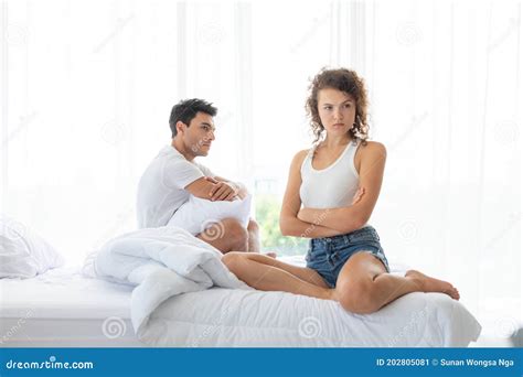 Happy Couples Relaxing In The White Bedroom Stock Image Image Of