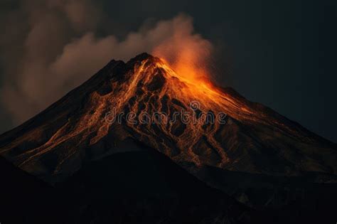 Active Volcano Erupting With Smoke And Lava At Night Created Using