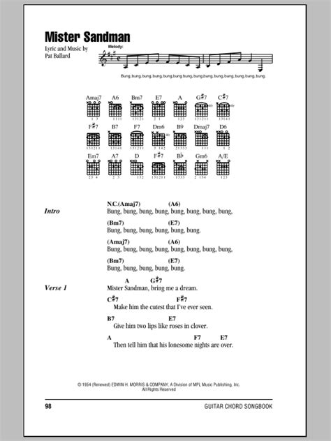 Mister Sandman By The Chordettes Sheet Music For Guitar Chords Lyrics At Sheet Music Direct