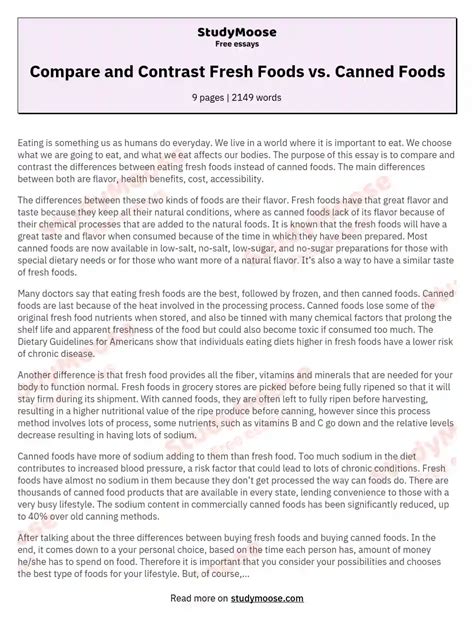 Compare And Contrast Fresh Foods Vs Canned Foods Free Essay Example