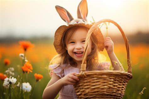 Premium Photo Girl In Bunny Ears Holding Basket With Easter Eggs