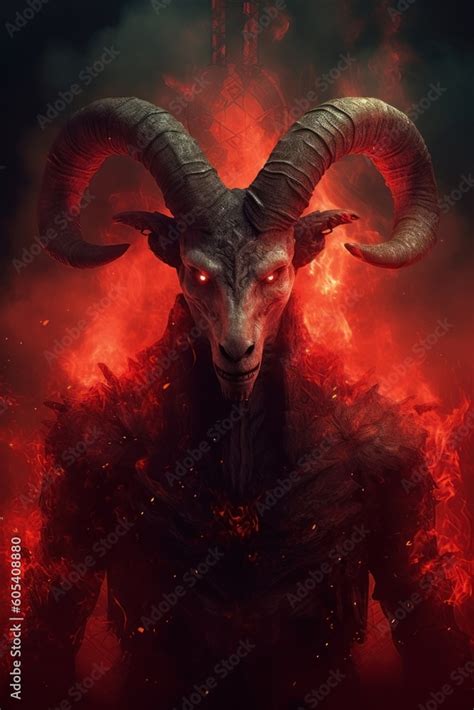 Goat on a dark background with red smoke. Halloween concept. Baphomet ...