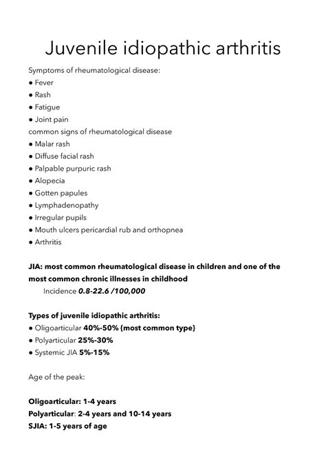 JIA Rheumatology Note Juvenile Idiopathic Arthritis Symptoms Of