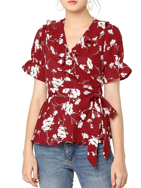 Allegra K Womens Floral V Neck Short Sleeves Round Hem Ruffled Peplum