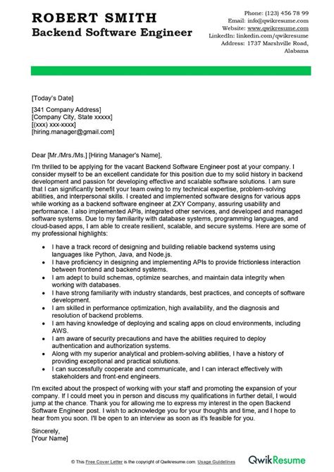 Backend Software Engineer Cover Letter Examples Qwikresume