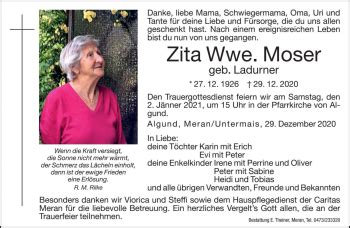 Traueranzeigen Von Zita Moser Trauer Bz