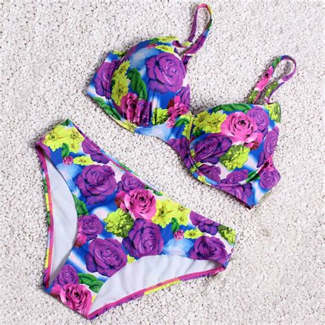 Rose Flower Printed Women Bikini Set Sexy Push Up Female Swimwear