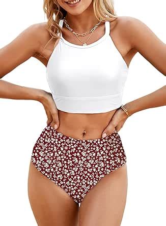 Amazon Herseas Women S Bikini Sets High Neck Solid And Boho Print Bikini High Waisted Full