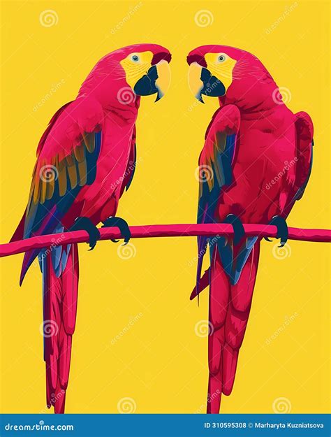 Two Parrots In Tropical Leaves And Flowers Sitting On A Branch On Yellow Background