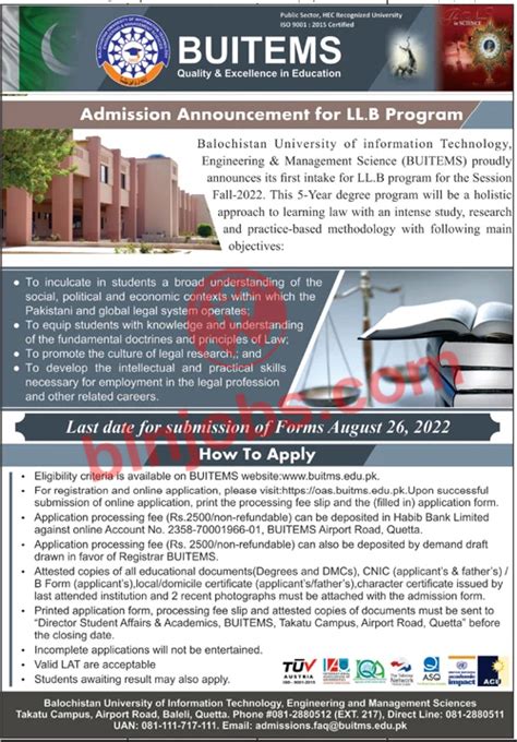 Buitems University Quetta Llb Admissions 2022 Balochistan Jobs