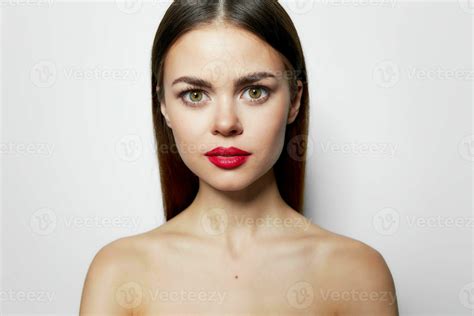 Attractive Woman Red Lips Bared Shoulders Clear Skin Close Up Bright