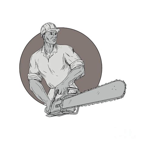 Lumberjack Arborist Holding Chainsaw Oval Drawing Digital Art By