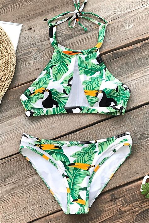 Get Tropical In Our Leaves And Parrots Halter Bikini Set The Self Tie