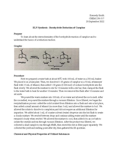 ELN Synthesis Borohydride Reduction Of Camphor Kennedy Smith CHEM