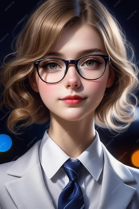 Premium Photo A Young European Pretty Girl In Suit And Glasses On A Night Background In