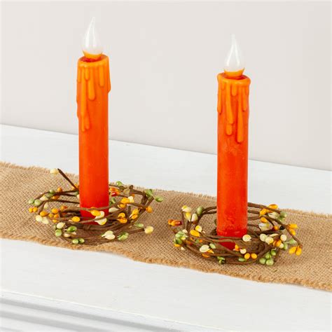 Rustic Orange Led Battery Operated Taper Candles With Rings Pip Berries Primitive Decor