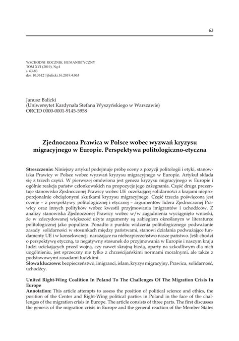 Pdf Zjednoczona Prawica W Polsce Wobec Wyzwa Kryzysu Migracyjnego W