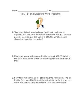 Tax Tip And Discount Word Problems By Morgan Ayers Worksheets Library