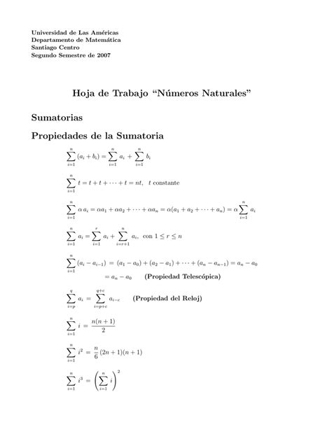 Sumatorias Propiedades De La Sumatoria